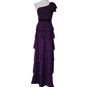 BCBGMAXAZRIA Purple Satin One-Shoulder Tiered Maxi Dress Sz 4 Formal Evening